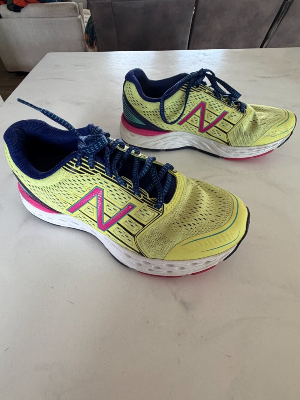 New Balance 680v5 Running Shoes Neon Yellow Pink Blue Athletic Sneakers - Picture 6 of 10
